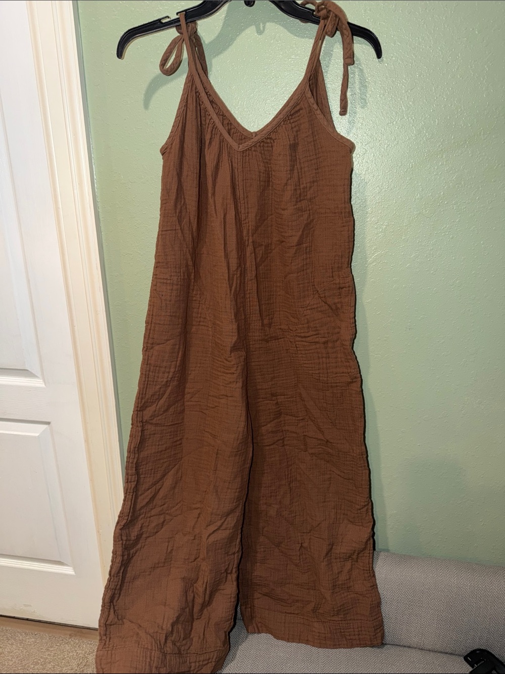 Women’s Brown Tie-Shoulder Wide-Leg Jumpsuit, gauze